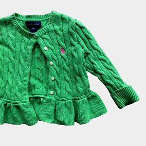 Ralph Lauren Baby Girl Green Peplum Cardigan Sweater 12M Pink Pony Preppy Luxury